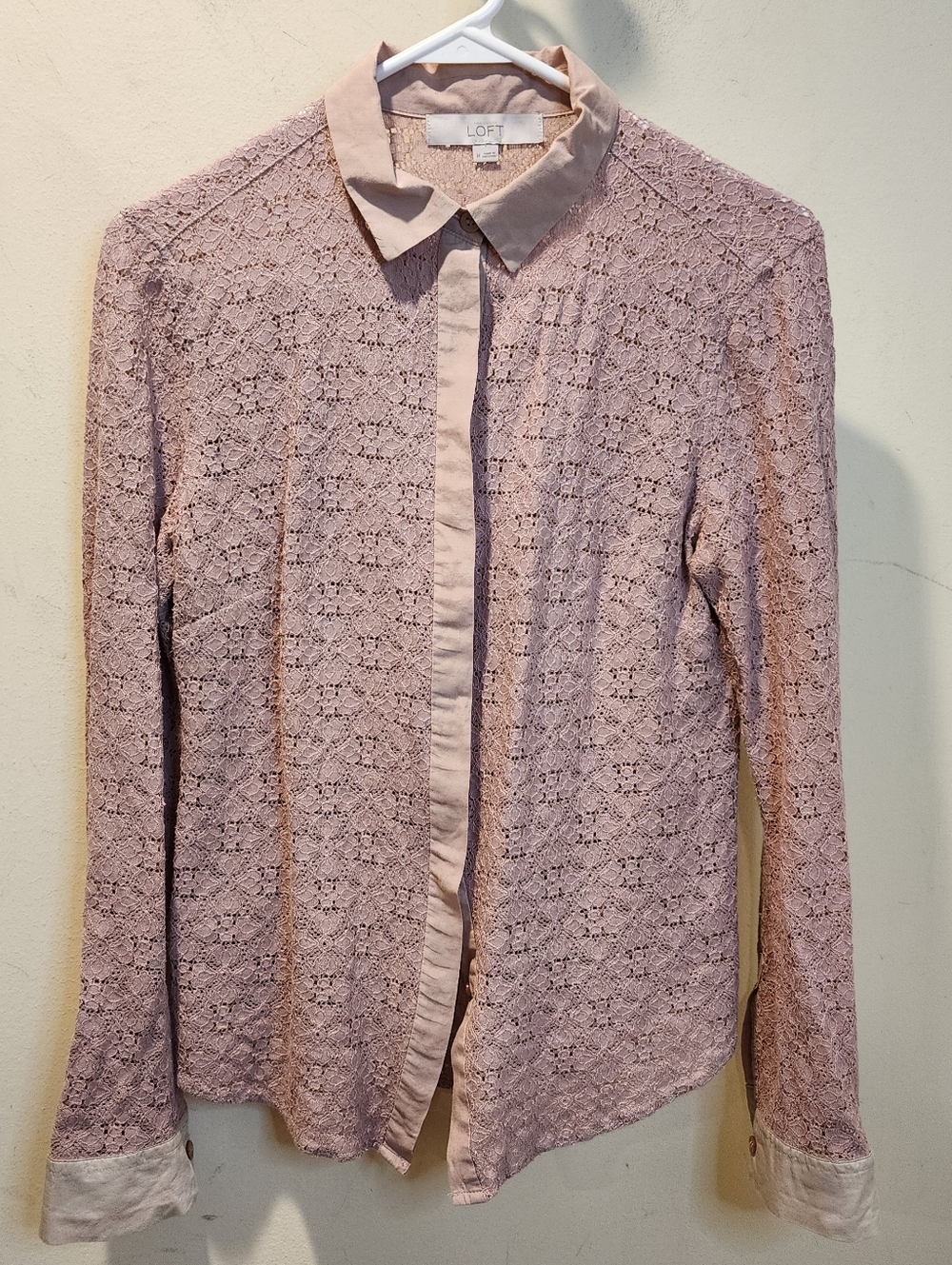 LOFT Lace Button-Front Cotton  Blouse in Dusty Pink Size M